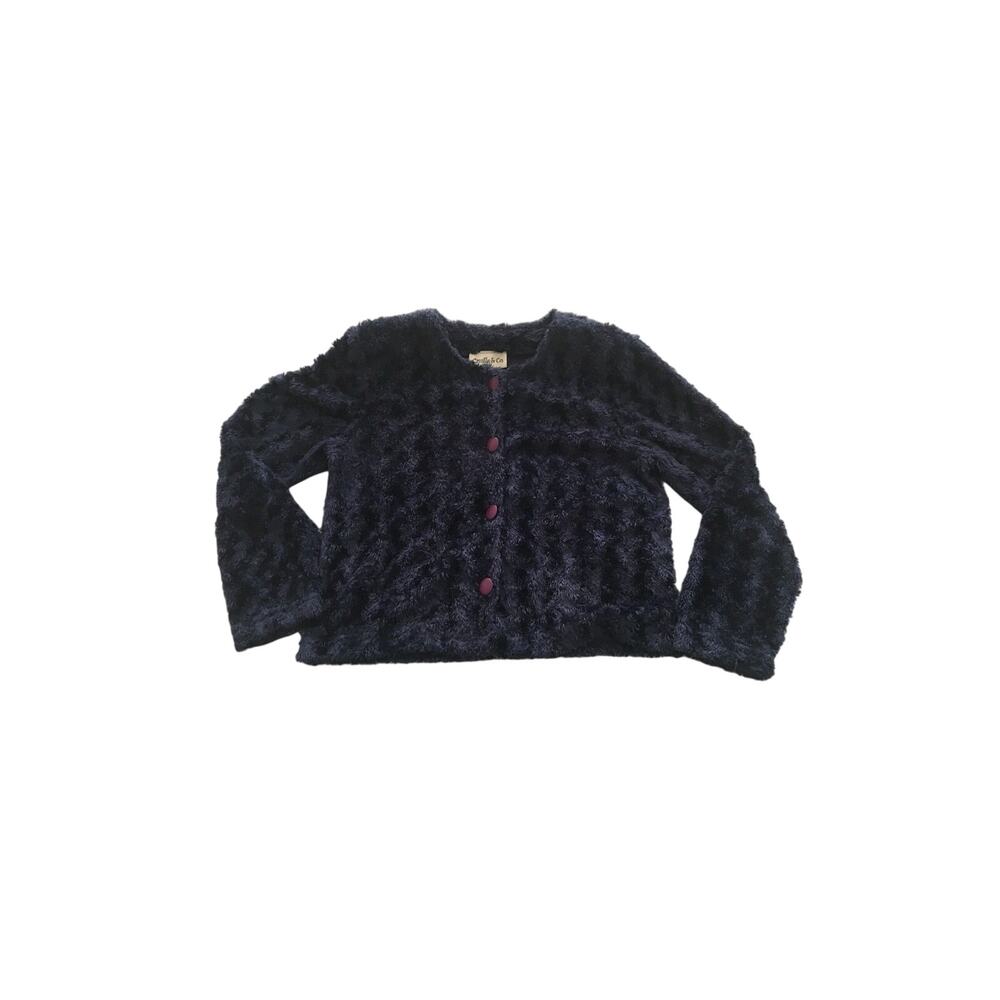 Shaggy Blue Cardigan Y2K 90s Camille and Co Size Small Dark Blue Shoulder Pads